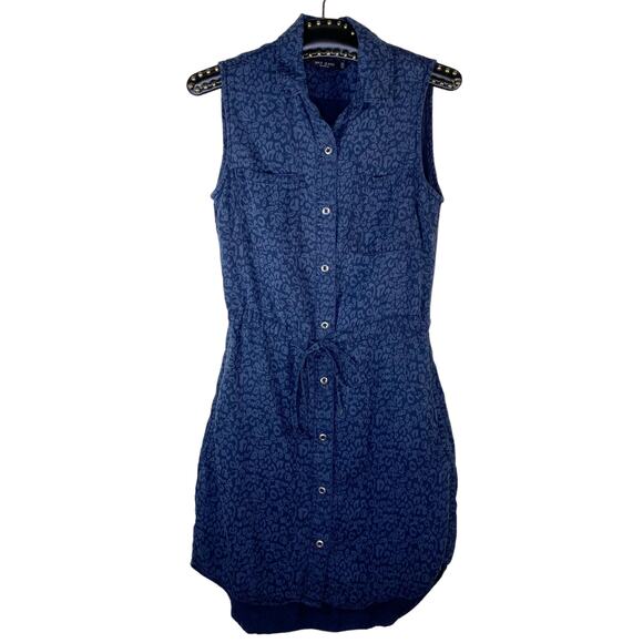 Max Jeans Leopard Print Button Up Dress Cinch Waist Blue XS - Picture 1 of 9